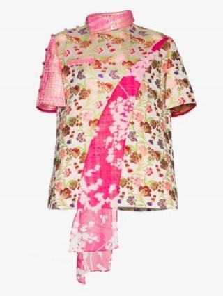Shuting Qiu Contrast Panel Floral Silk Jacquard Shirt ~ pink shirts - flipped