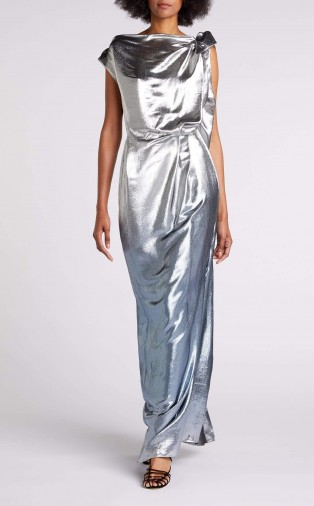 ROLAND MOURET SILVABELLA GOWN in SILVER BLUE METALLIC