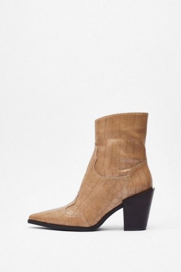 NASTY GAL Skip to the West Part Faux Leather Croc Boots in beige - flipped