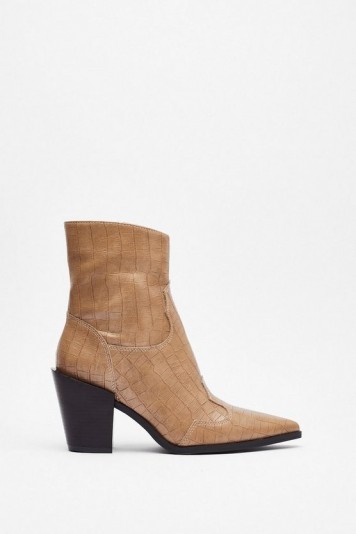 NASTY GAL Skip to the West Part Faux Leather Croc Boots in beige