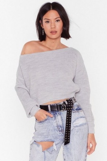 NASTY GAL Something’s Off-the-Shoulder Knitted Jumper in Grey Marl - flipped