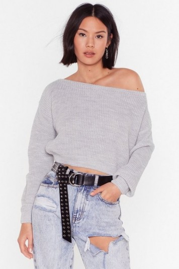 NASTY GAL Something’s Off-the-Shoulder Knitted Jumper in Grey Marl