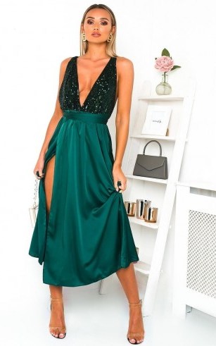 Ikrush Stephanie Backless Sequin Midi Dress in Dark green – deep plunge party dresses - flipped