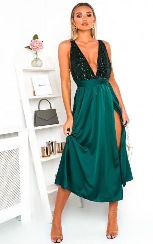 Ikrush Stephanie Backless Sequin Midi Dress in Dark green – deep plunge party dresses