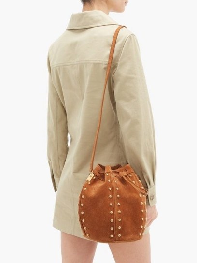 SAINT LAURENT Talitha studded suede bucket bag in tan - flipped