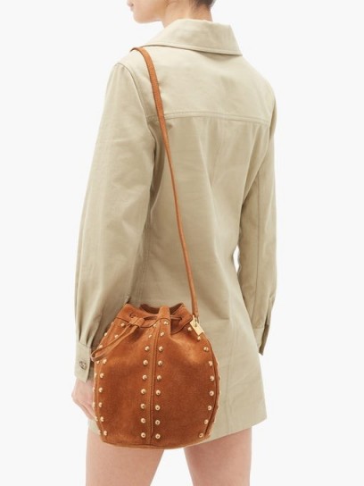 SAINT LAURENT Talitha studded suede bucket bag in tan