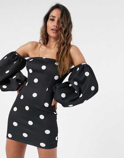 True Violet exclusive bardot balloon sleeve mini dress in oversized mono polka dot print - flipped