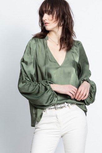 Zadig & Voltaire TWENTY SATIN TOP in Khaki – green ruched sleeve blouse - flipped