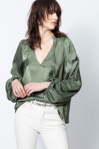 Zadig & Voltaire TWENTY SATIN TOP in Khaki – green ruched sleeve blouse