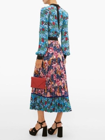 MARY KATRANTZOU Uni rose-print pleated crepe midi skirt – pink and blue floral skirts - flipped