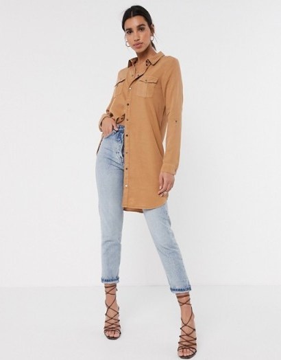 Vero Moda longline shirt with utility details in tan - flipped