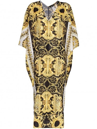VERSACE Baroque print maxi kaftan dress in black and yellow - flipped