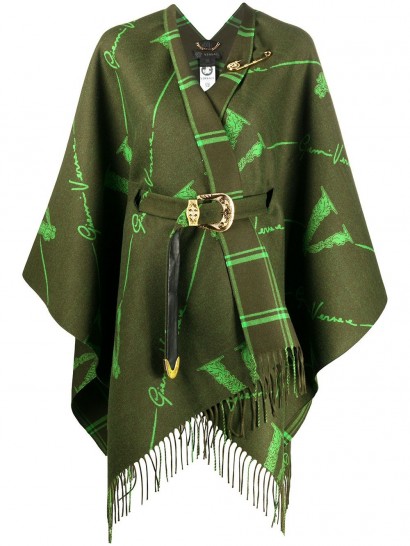 VERSACE V-pattern wool jacquard cape in green