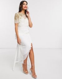 Virgos Lounge ruched side detail with sheer overlay midi dress in cream