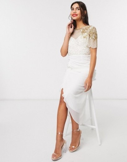 Virgos Lounge ruched side detail with sheer overlay midi dress in cream - flipped