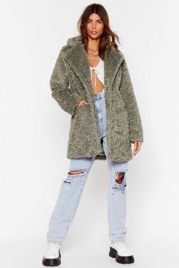 NASTY GAL Wait Fur It Faux Fur Longline Coat in Sage – textured coats - flipped