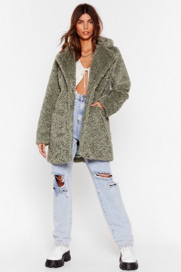 NASTY GAL Wait Fur It Faux Fur Longline Coat in Sage – textured coats