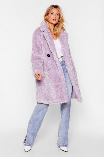 NASTY GAL Waiting Fur Tonight Faux Fur Longline Jacket in lilac - flipped