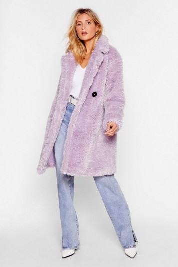 NASTY GAL Waiting Fur Tonight Faux Fur Longline Jacket in lilac