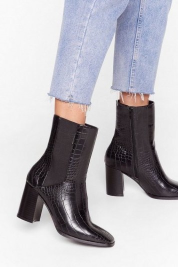 NASTY GAL Wanna Croc ‘N’ Roll Faux Leather Heeled Boots in Black - flipped