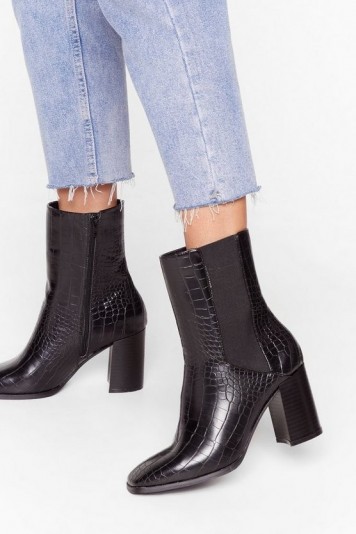 NASTY GAL Wanna Croc ‘N’ Roll Faux Leather Heeled Boots in Black