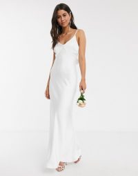 Warehouse bridesmaids satin cami maxi dress with bow back detail in ivory – spaghetti strap bridesmaid dresses