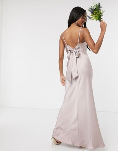 Warehouse bridesmaids satin cami maxi dress with bow back detail in taupe – strappy bridesmaid dresses - flipped
