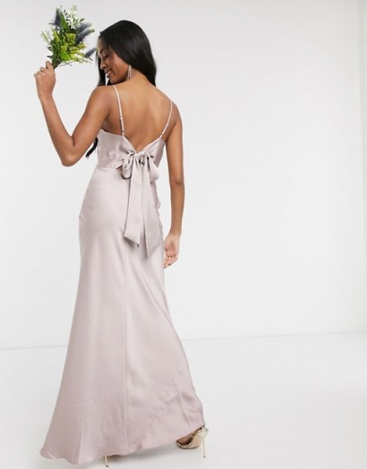 Warehouse bridesmaids satin cami maxi dress with bow back detail in taupe – strappy bridesmaid dresses