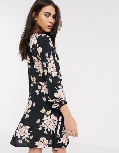 Warehouse floral print tea dress with button front in black