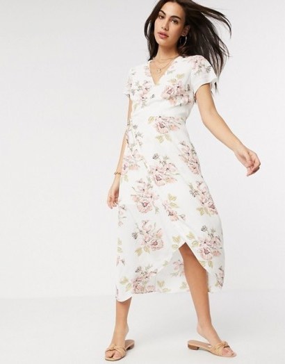 Warehouse floral wrap midi dress in ivory - flipped