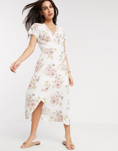 Warehouse floral wrap midi dress in ivory