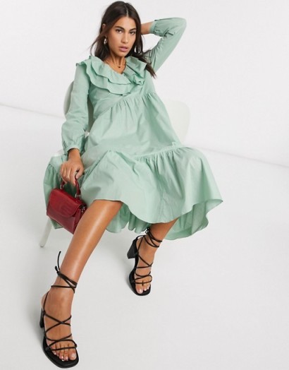 Warehouse ruffle front tiered midi dress in sage | billowy vintage look dresses