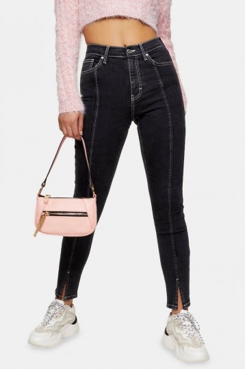 Topshop Wash Black Contrast Split Hem Skinny Jeans | slit hems