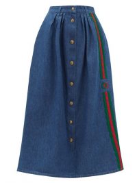 GUCCI Web stripe-embroidered denim midi-skirt on mid blue