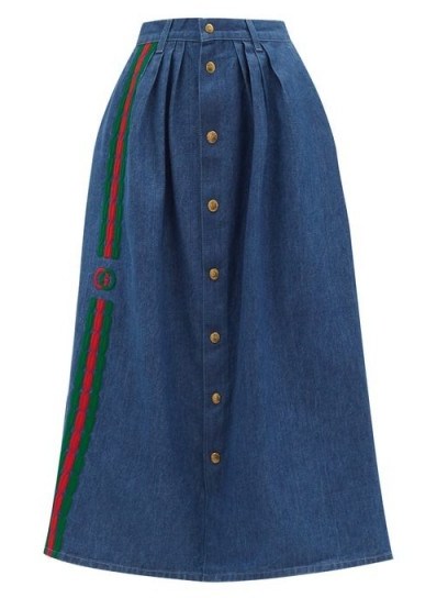 GUCCI Web stripe-embroidered denim midi-skirt on mid blue - flipped
