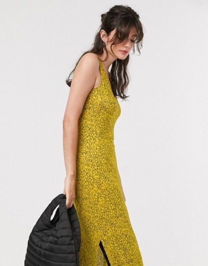 Whistles exclusive jersey vest midi dress in illustrated line floral print in yellow / side split dresses - flipped