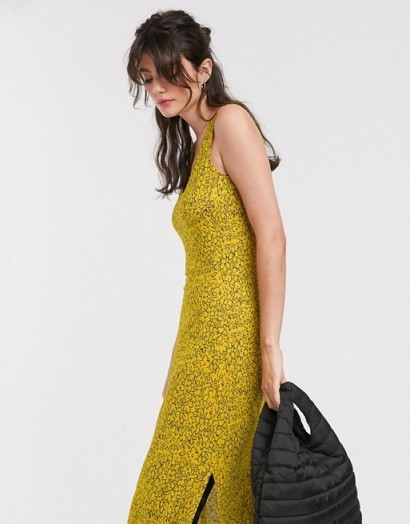 Whistles exclusive jersey vest midi dress in illustrated line floral print in yellow / side split dresses
