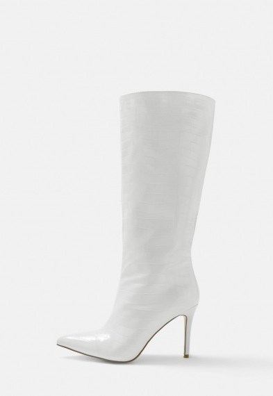 MISSGUIDED white croc effect knee high boots / crocodile embossed boot - flipped