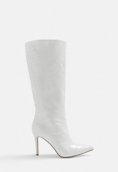 MISSGUIDED white croc effect knee high boots / crocodile embossed boot