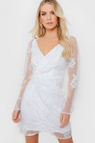 IN THE STYLE WHITE FLORAL ORGANZA PUFF SLEEVE WRAP DRESS – sheer going out dresses - flipped