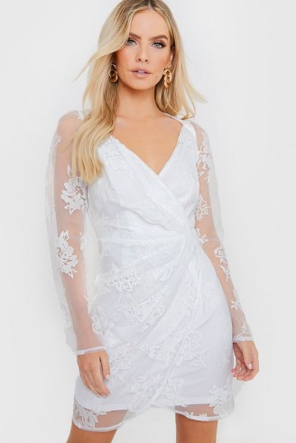 IN THE STYLE WHITE FLORAL ORGANZA PUFF SLEEVE WRAP DRESS – sheer going out dresses