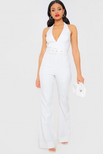 IN THE STYLE WHITE HALTERNECK BELTED JUMPSUIT - flipped