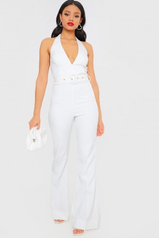 IN THE STYLE WHITE HALTERNECK BELTED JUMPSUIT