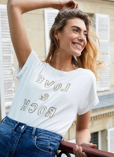 MINT VELVET White Love & Rock Stud T-Shirt / slogan tee - flipped