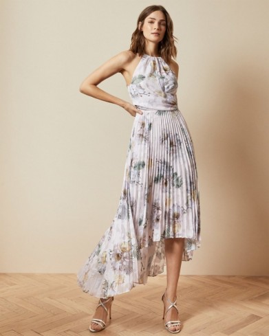 TED BAKER DANIIEY Woodland pleated maxi dress in pale pink / asymmetric occasion wear