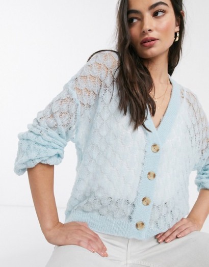 Y.A.S knitted cardigan with wide sleeves in blue | sheer knits