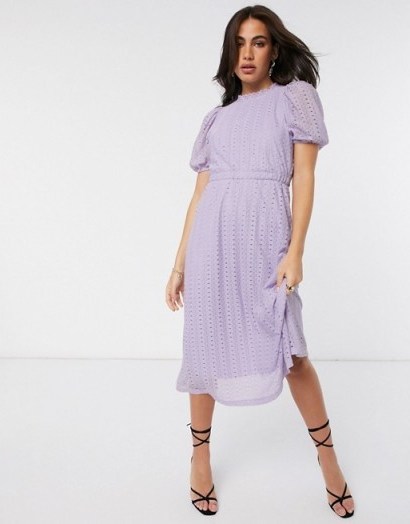 Y.A.S lace midi dress with puff sleeves in lilac - flipped