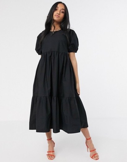 Y.A.S Petite tiered smock midi dress with puff sleeve in black - flipped