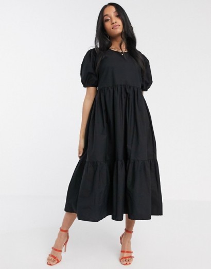 Y.A.S Petite tiered smock midi dress with puff sleeve in black