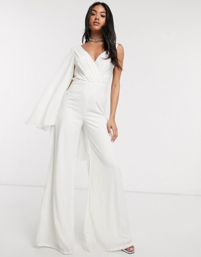 Yaura asymmetric caped plunge jumpsuit in ivory
